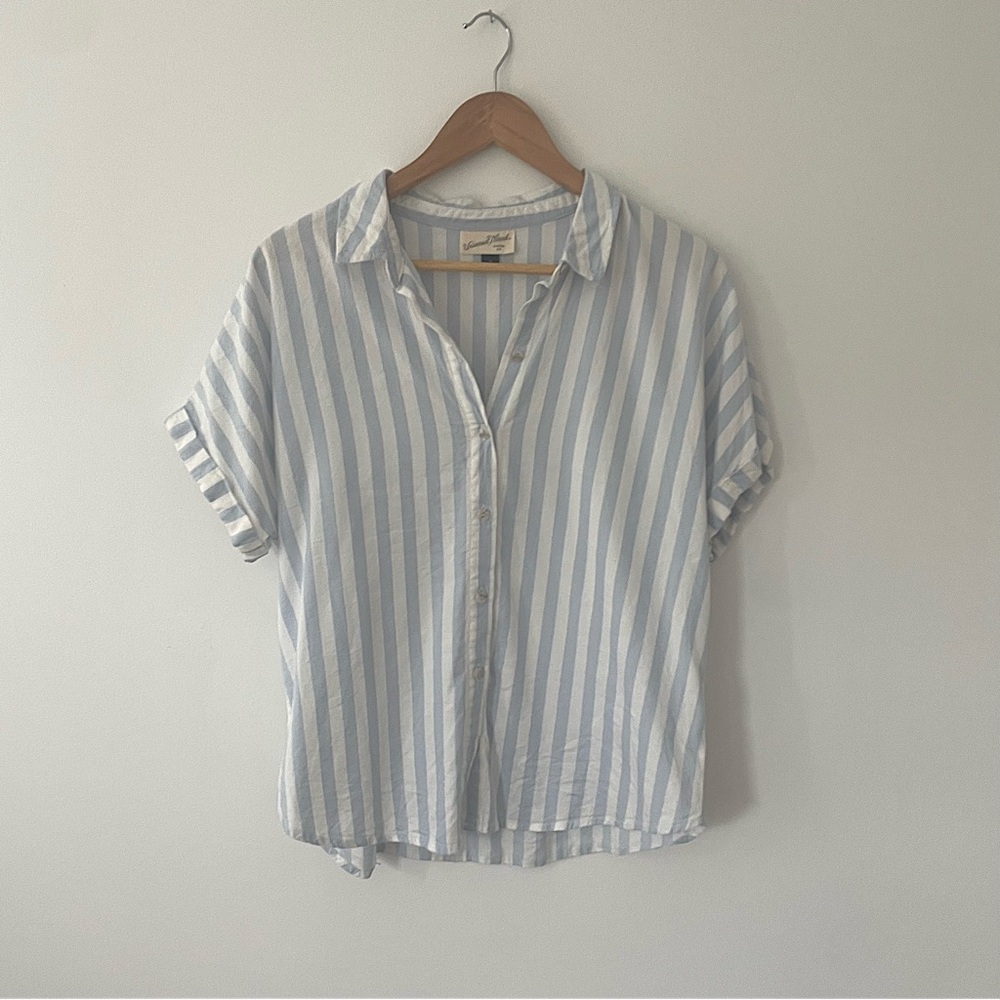 Oversized blue and white stripe short sleeve button down blouse